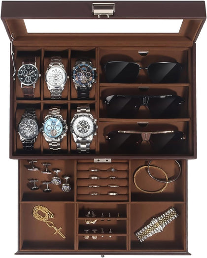 Watch Jewelry Box Organizer, 6-Slot 2-Layer Watch Case and Sunglasses Storage with Large Glass Lid, Men's Jewelry Box