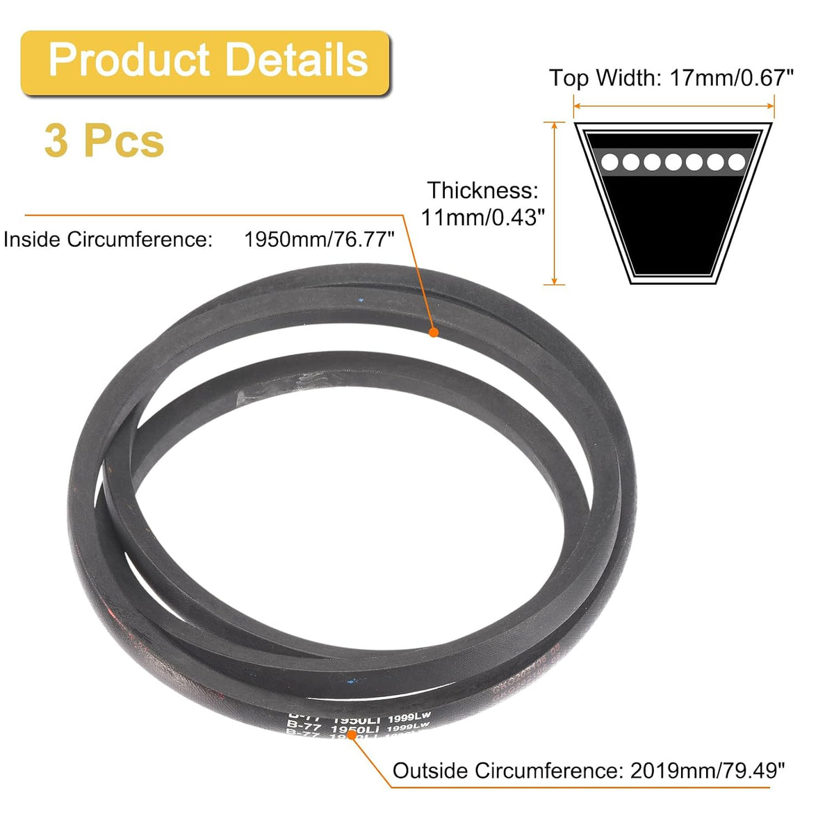 uxcell 3pcs B77 Classic Wrapped V-Belt, 79" Outer Circ B Profile V-Belt