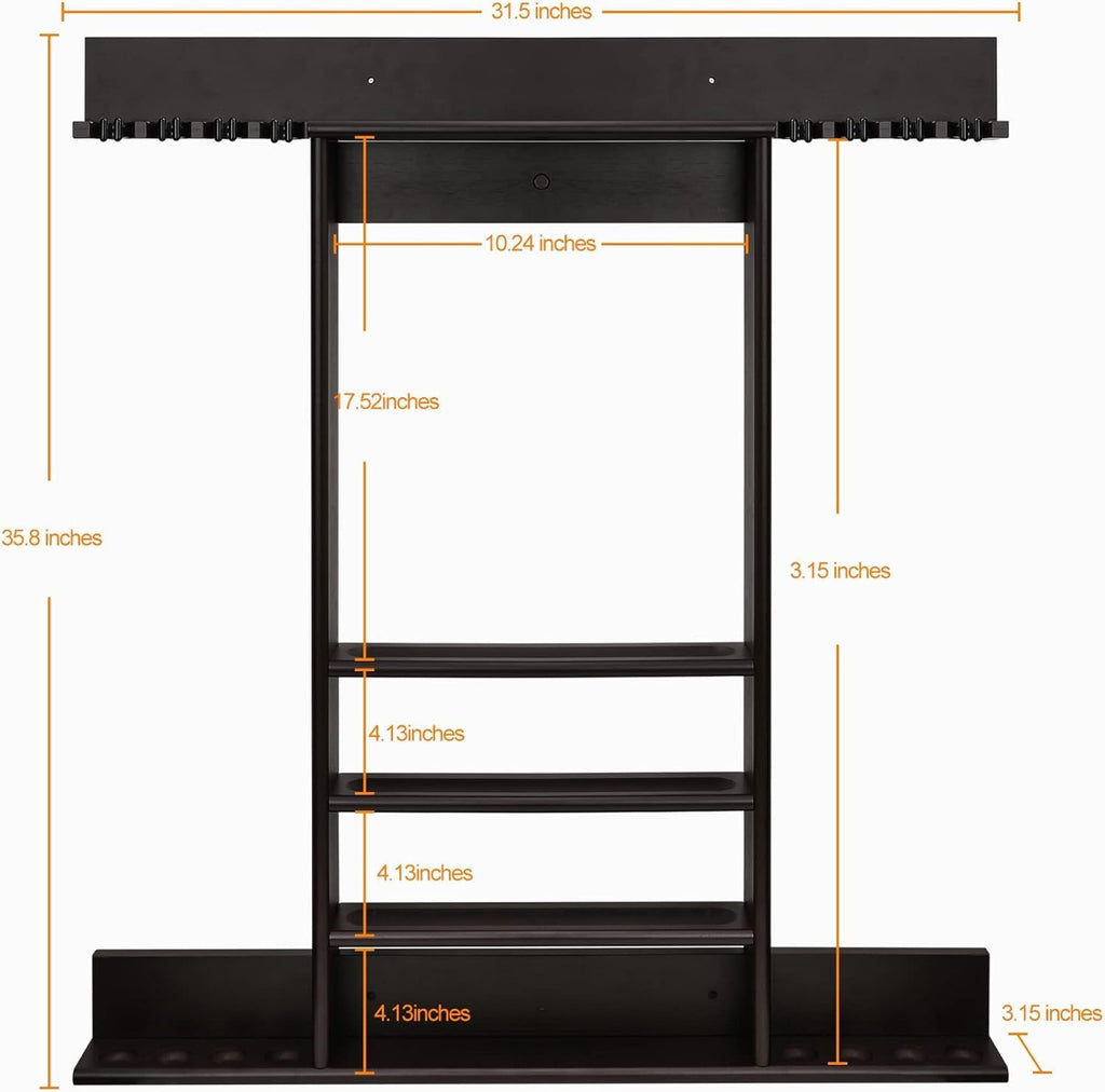 Pool Cue Rack Wall Mount,Cue Stick Holder,Wall Pool Stick Holder,Dark Brown | Holds 8 Cues and Full Set of Balls