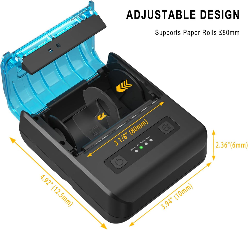 POS Receipt Printer, 80mm Portable Mobile Mini Thermal Printer, Compatible with 3 1/8" Thermal Paper Receipt Rolls