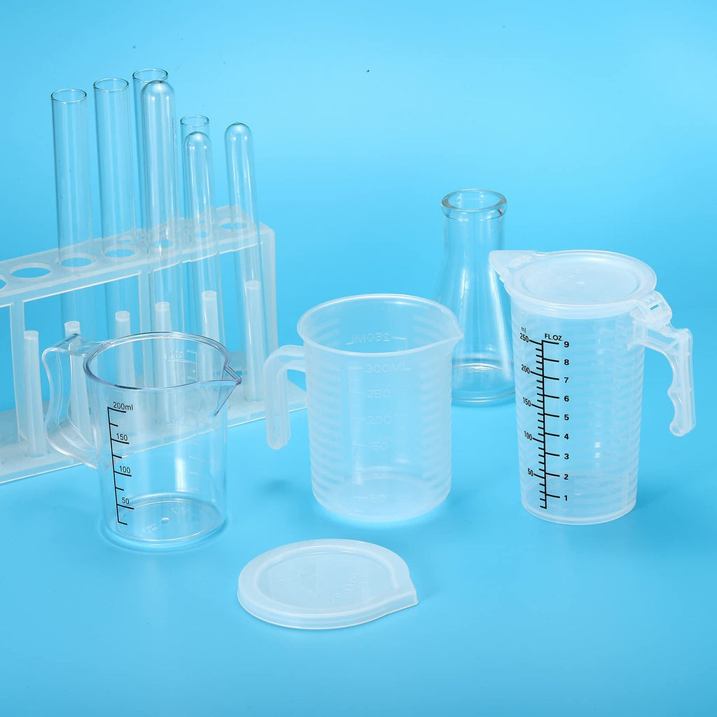 Graduated Beaker, 250ml PP Plastic Liquid Measuring Cup Double Sided Graduations with Handle Lid and Spout for Lab