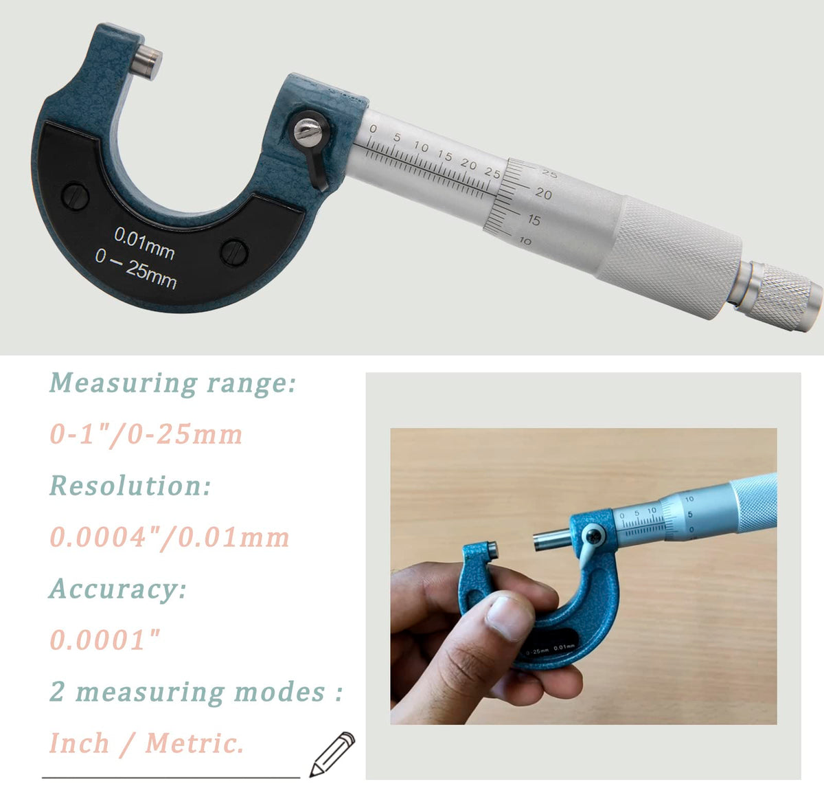 0-1 Micrometer, Outside Micrometer 0-1, 0-1" Range, 0.0004" Graduation, +/-0.0001" Accuracy Premium Precision Machinist Tool