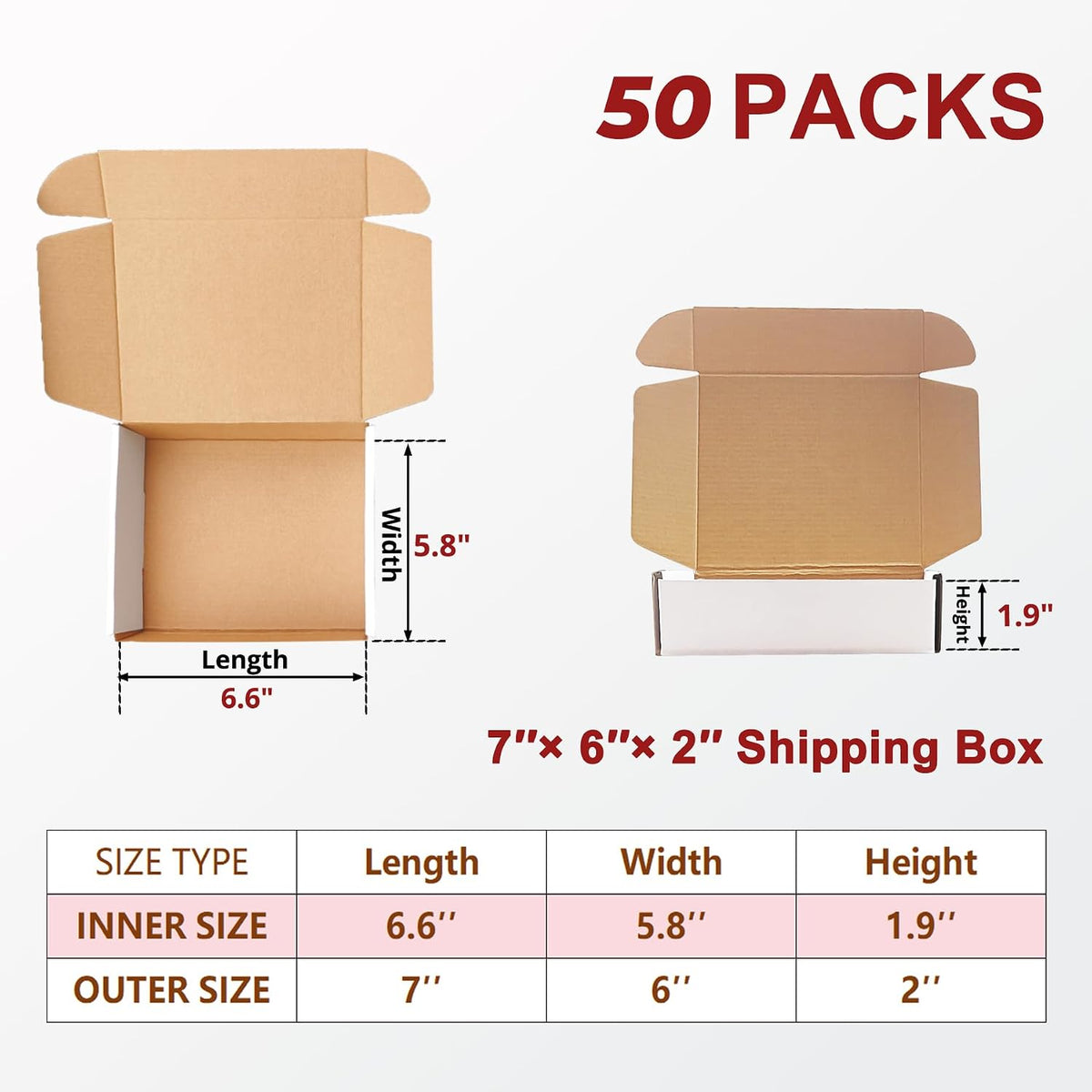 White Shipping Boxes 7x6x2 Inch 50 Pack, Corrugated Cardboard Mailers