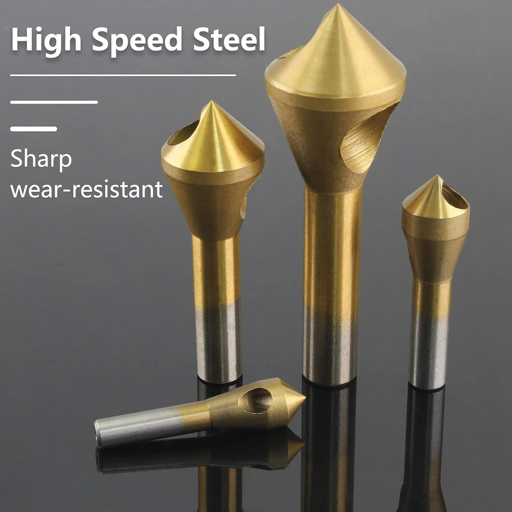Bonsicoky 4PCS Titanium Coated Countersink Chamfer Deburring Tool Set