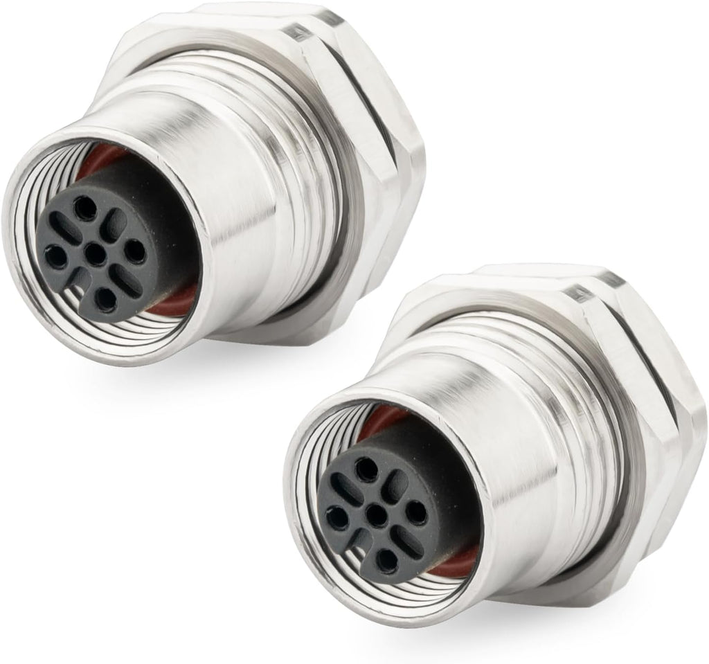 M12 5 Pin Aviation Connector Plugs 2PCS, Lonlonty M12 Male Socket Solder Cup IP67 Waterproof 16mm M12 Socket Panel Cutout Connector-Round seat