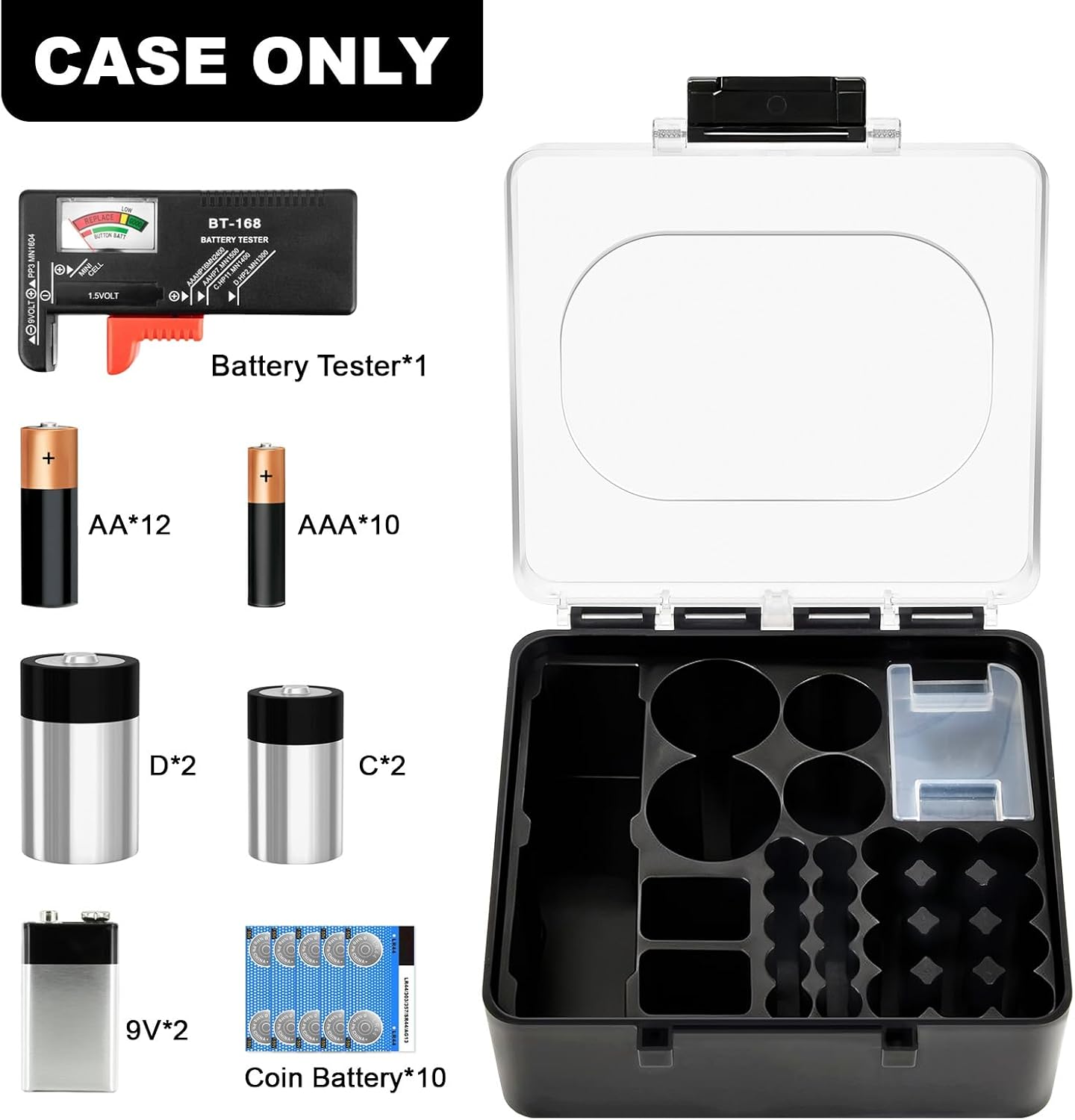 Battery Organizer Storage Case with Tester for AA AAA C D 9V | Clear lid and fitted slots separate mixed sizes;