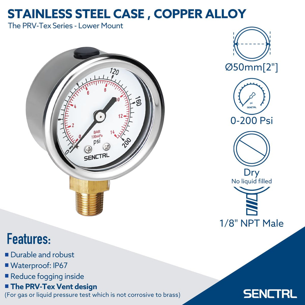 SENCTRL 0-200 Psi Pressure Gauge, 1/8" NPT Lower Mount