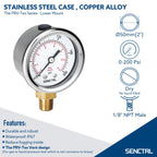 SENCTRL 0-200 Psi Pressure Gauge, 1/8" NPT Lower Mount