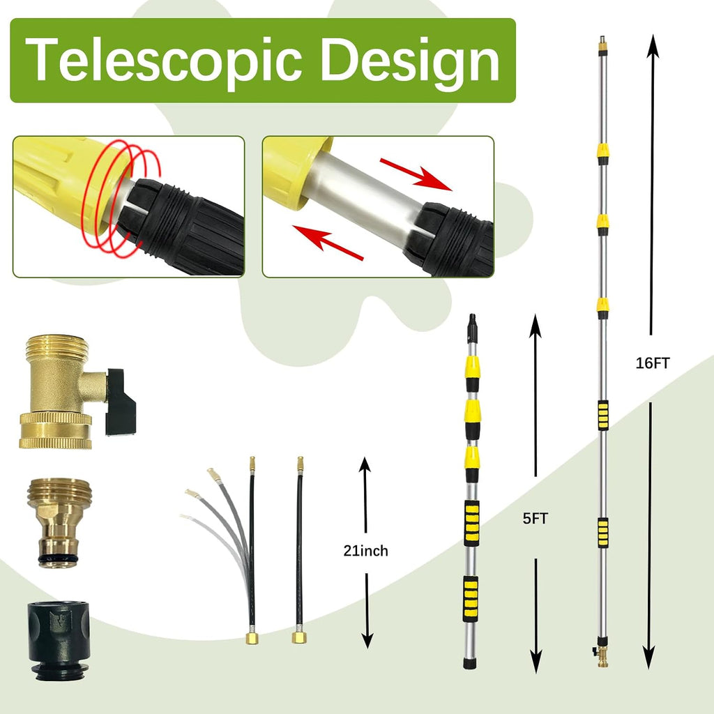 16FT(24FT Reach) Telescopic Gutter Cleaning Tools from the Ground, Long Reach Gutter Cleaner Wand with Hose