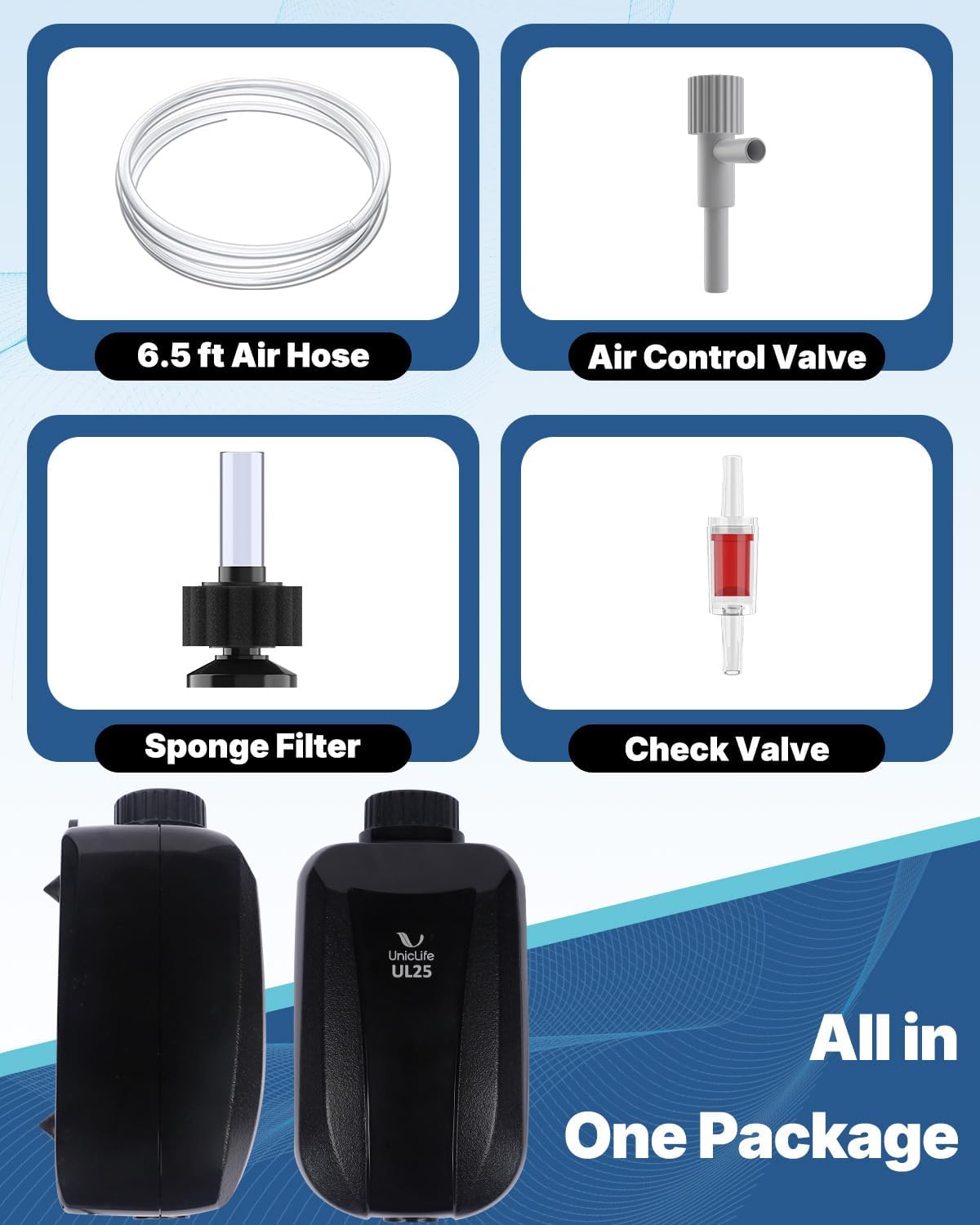 Aquarium Air Pump, Fish Tank Air Pump, Quiet Adjustable Oxygen Pump with Mini Sponge Filter, Airline Tubing &