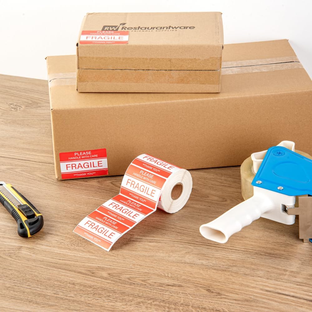 Label Tek 3 x 2 Inch Packaging Stickers, 500 Premium Shipping Labels - Handle with Care, Sustainable, Red and White