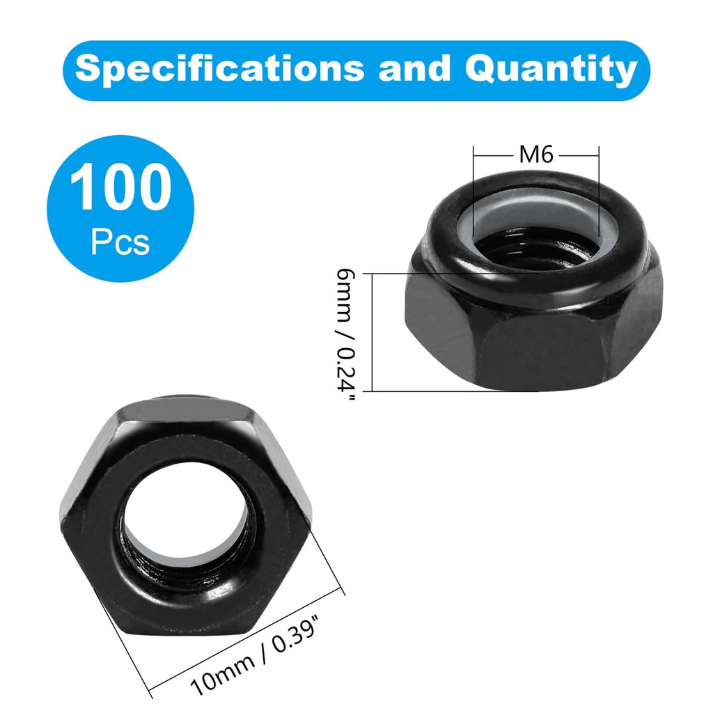 100Pcs M6 x 1.0mm Nylon Insert Hex Lock Nuts Locknuts