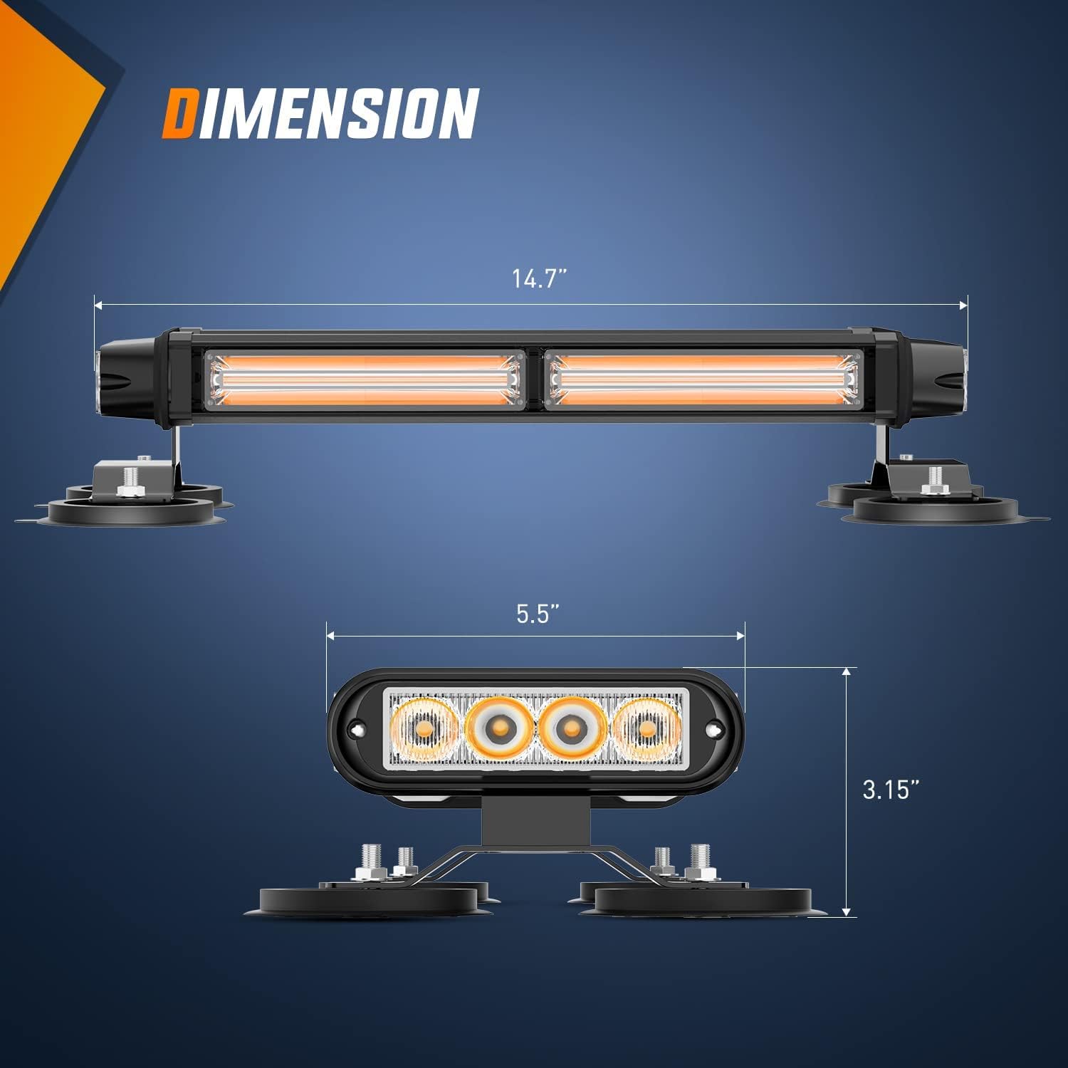 14.5" Amber COB LED Strobe Rooftop Flashing Light Bar High Visibility Emergency Hazard Warning Beacon Lights