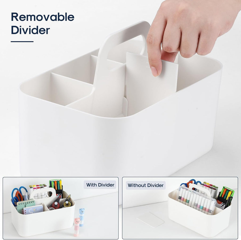 Multiuse Caddy Organizer with Handle, Portable Divided Plastic Tote Bin - Art Craft, Stationary Pen Marker Crayons