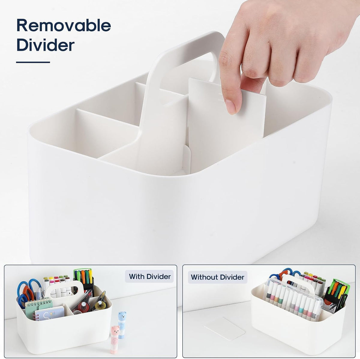 Multiuse Caddy Organizer with Handle, Portable Divided Plastic Tote Bin - Art Craft, Stationary Pen Marker Crayons