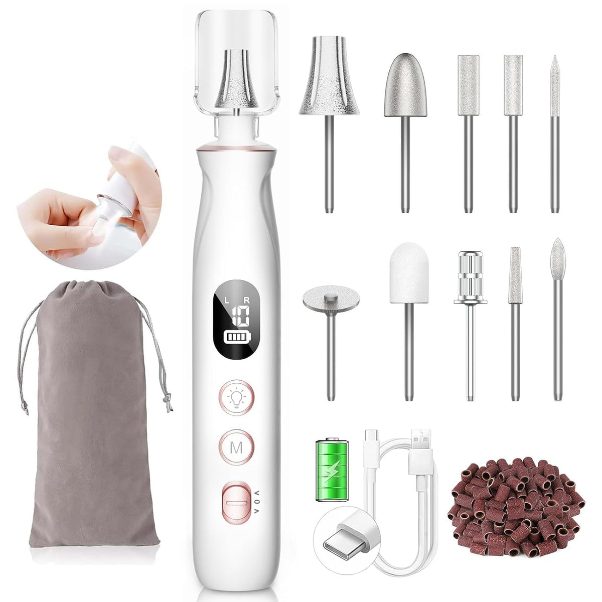 Electric Nail File Drill, Cordless Toe Nail Grinder for Thick Toenails & Callus, 10-Speed 2000mAh Rechargeable Nail