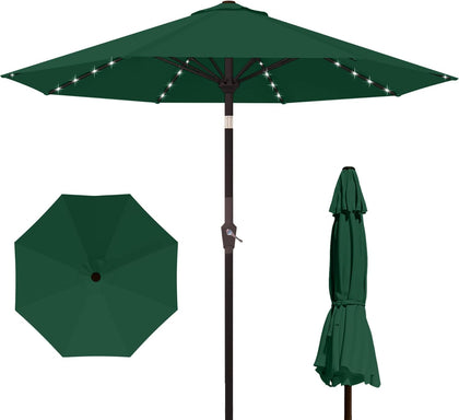 10FT Outdoor Patio Umbrella with Solar Lights, Market Table Umbrella with Push Button Tilt & Crank, 8 Sturdy Ribs, 32