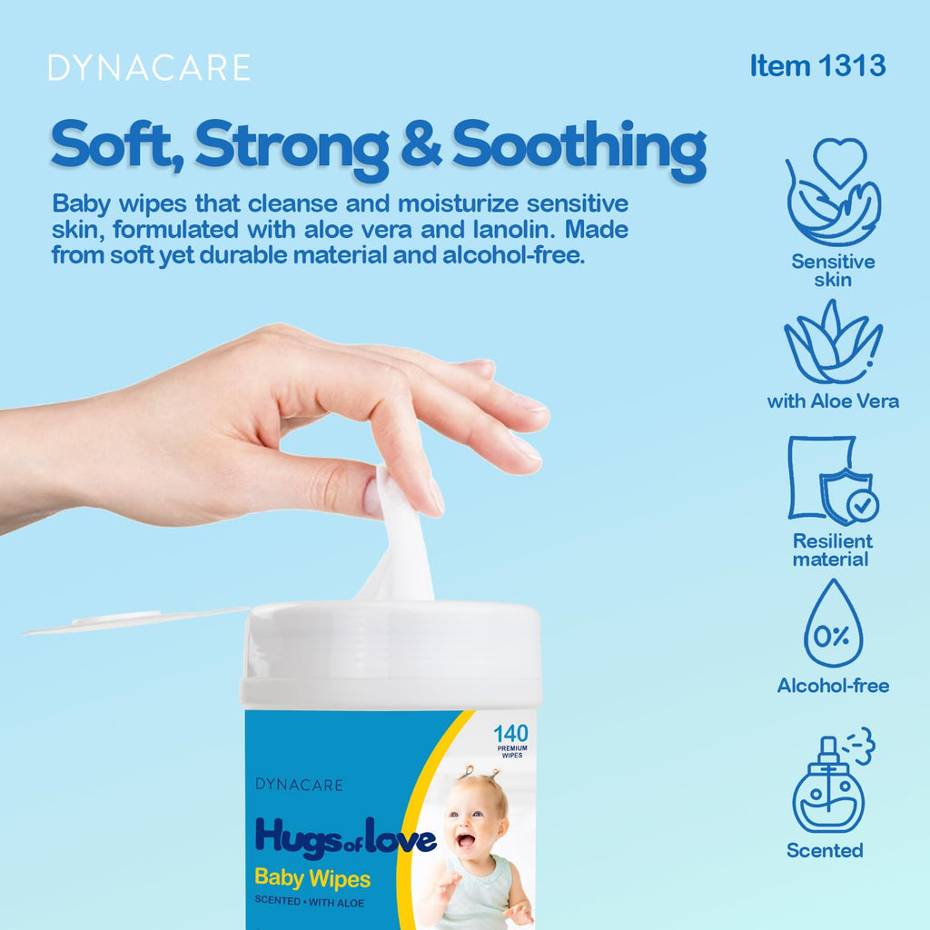 DynaCare Hugs of Love Baby Wipes - Scented - Alcohol-Free Wipes with Aloe & Lanolin, Safe for Sensitive Skin - 140