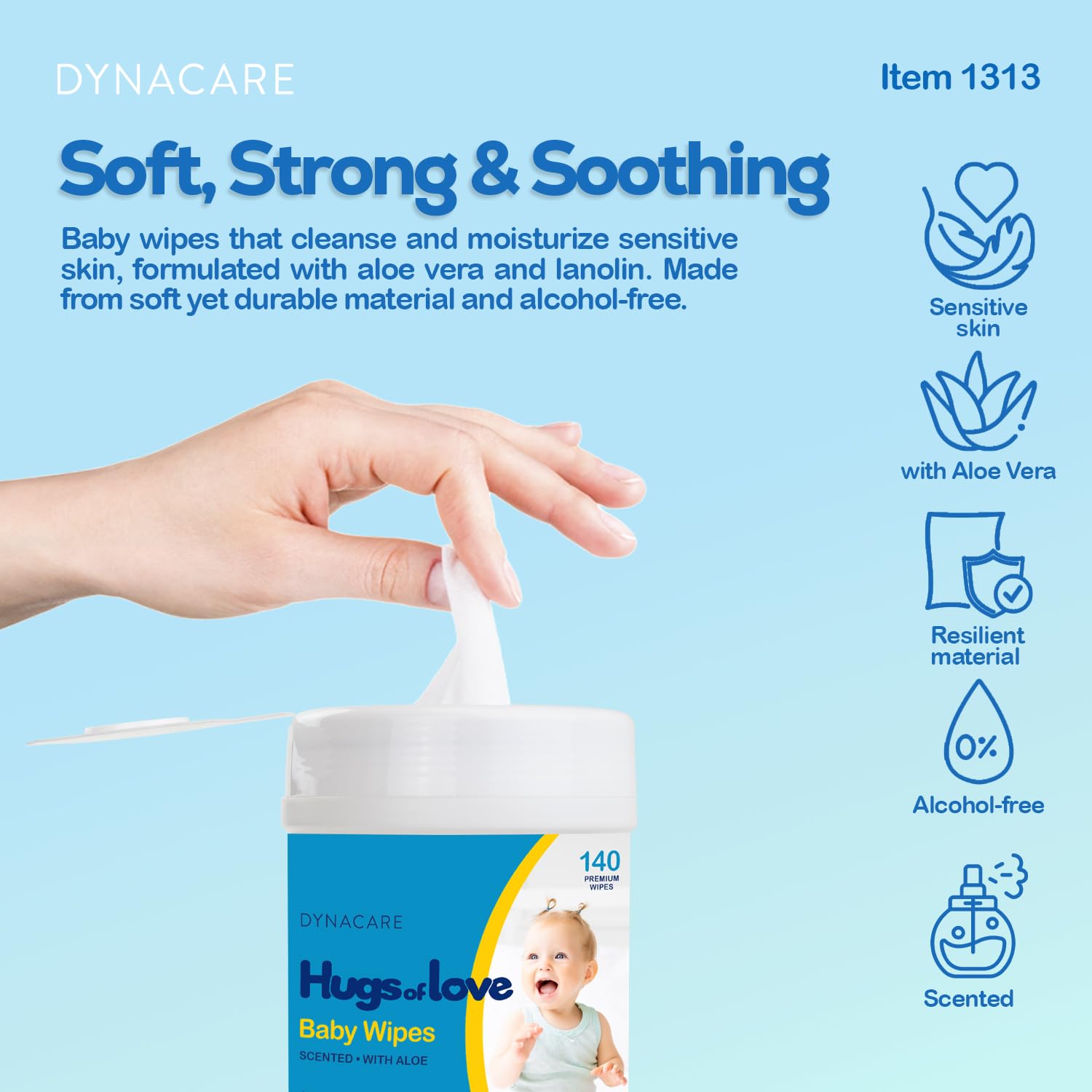 DynaCare Hugs of Love Baby Wipes - Scented - Alcohol-Free Wipes with Aloe & Lanolin, Safe for Sensitive Skin - 140