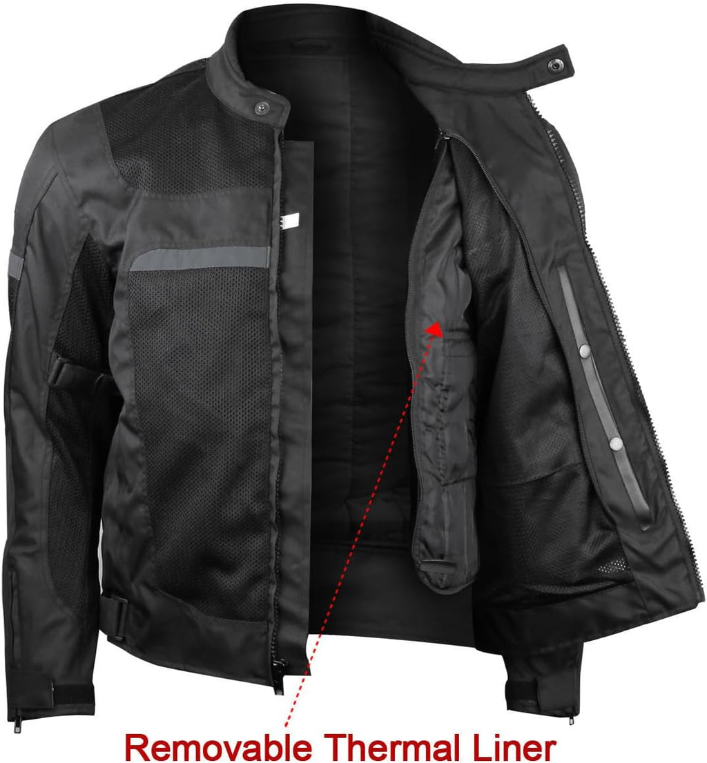 Mens Advanced All-Season Reflective Mesh & Textile Motorcycle Jacket w/CE Armor & Removable Liner