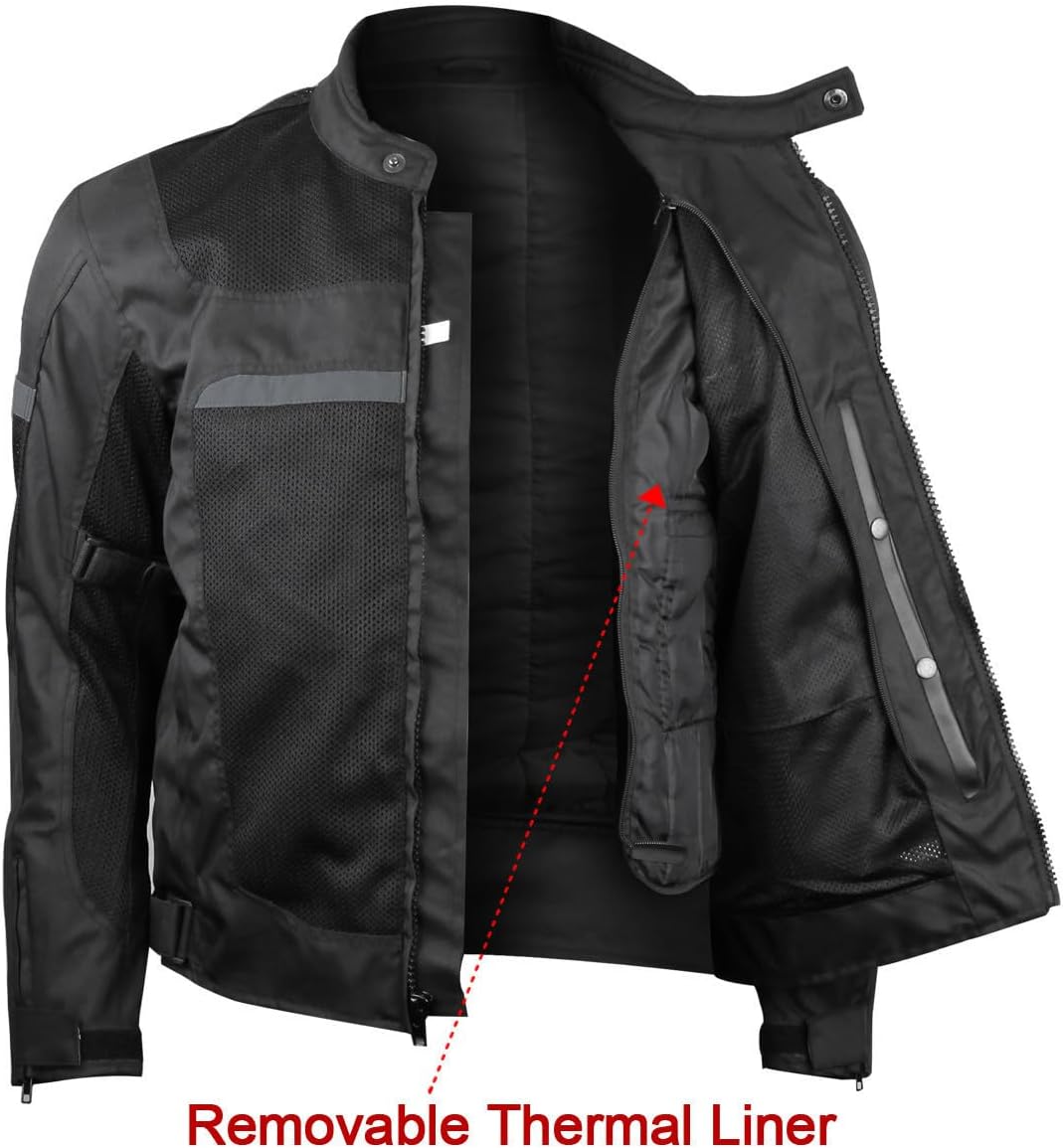 Mens Advanced All-Season Reflective Mesh & Textile Motorcycle Jacket w/CE Armor & Removable Liner