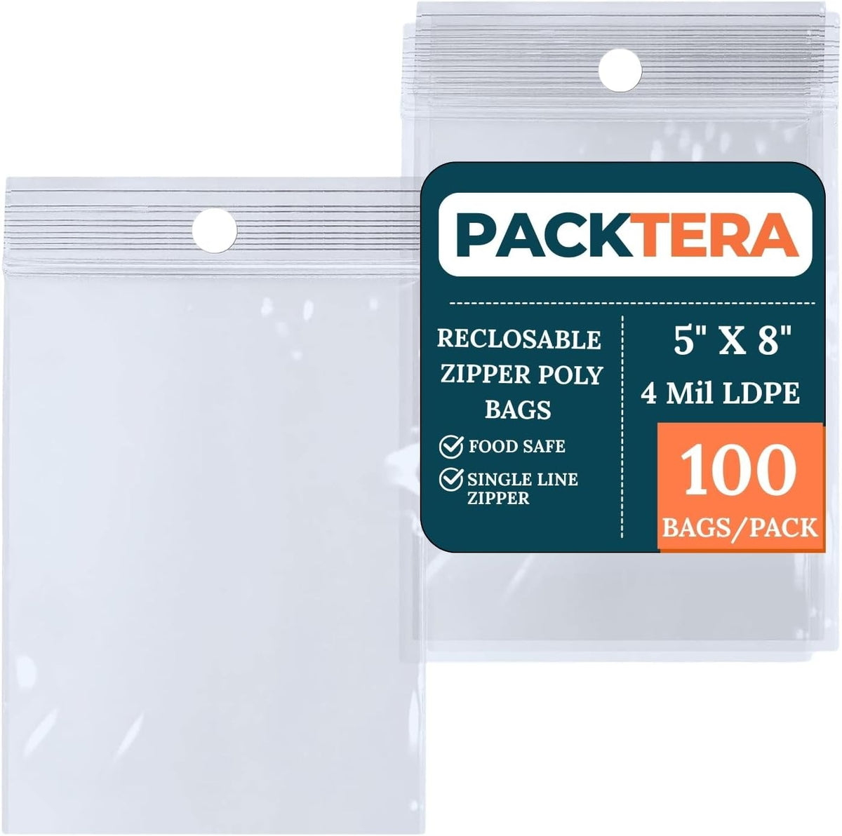 5" X 8" Reclosable Zipper Plastic Poly Bags With Hang Hole 4 Mil LDPE (Pack of 100) Clear Sealable With Resealable