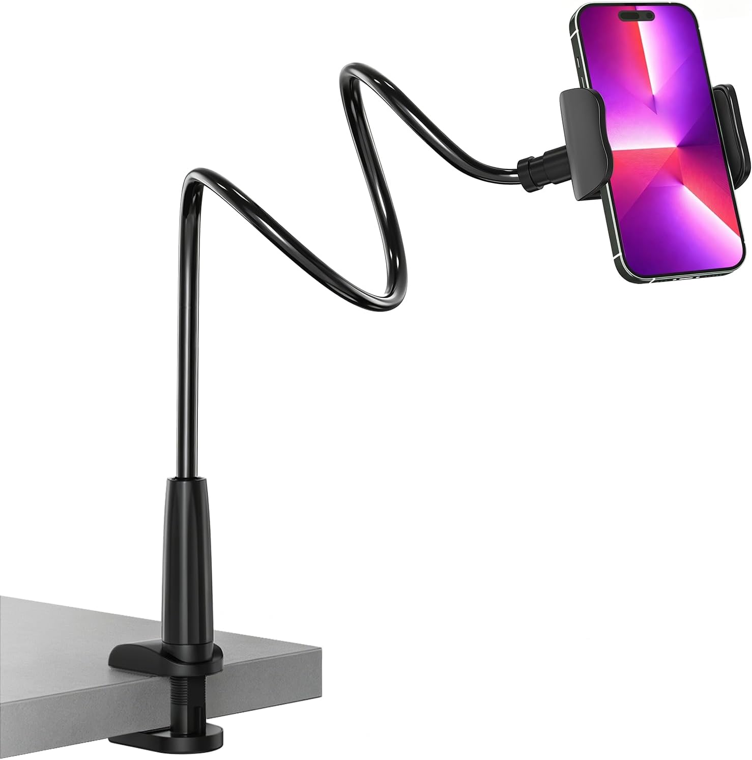 Gooseneck Phone Holder for Bed, Flexible Overhead Cell Phone Mount for Desk, Hands-Free Viewing Clamp Stand
