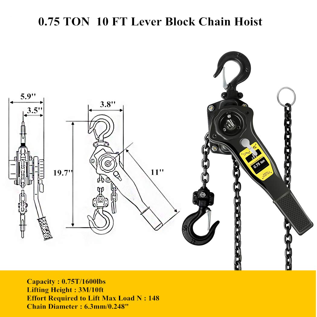 Manual Lever Hoist Come Along 3/4 TON 1650 LBS Capacity 10FT Lift 2 Heavy Duty Hooks Commercial Grade Steel for