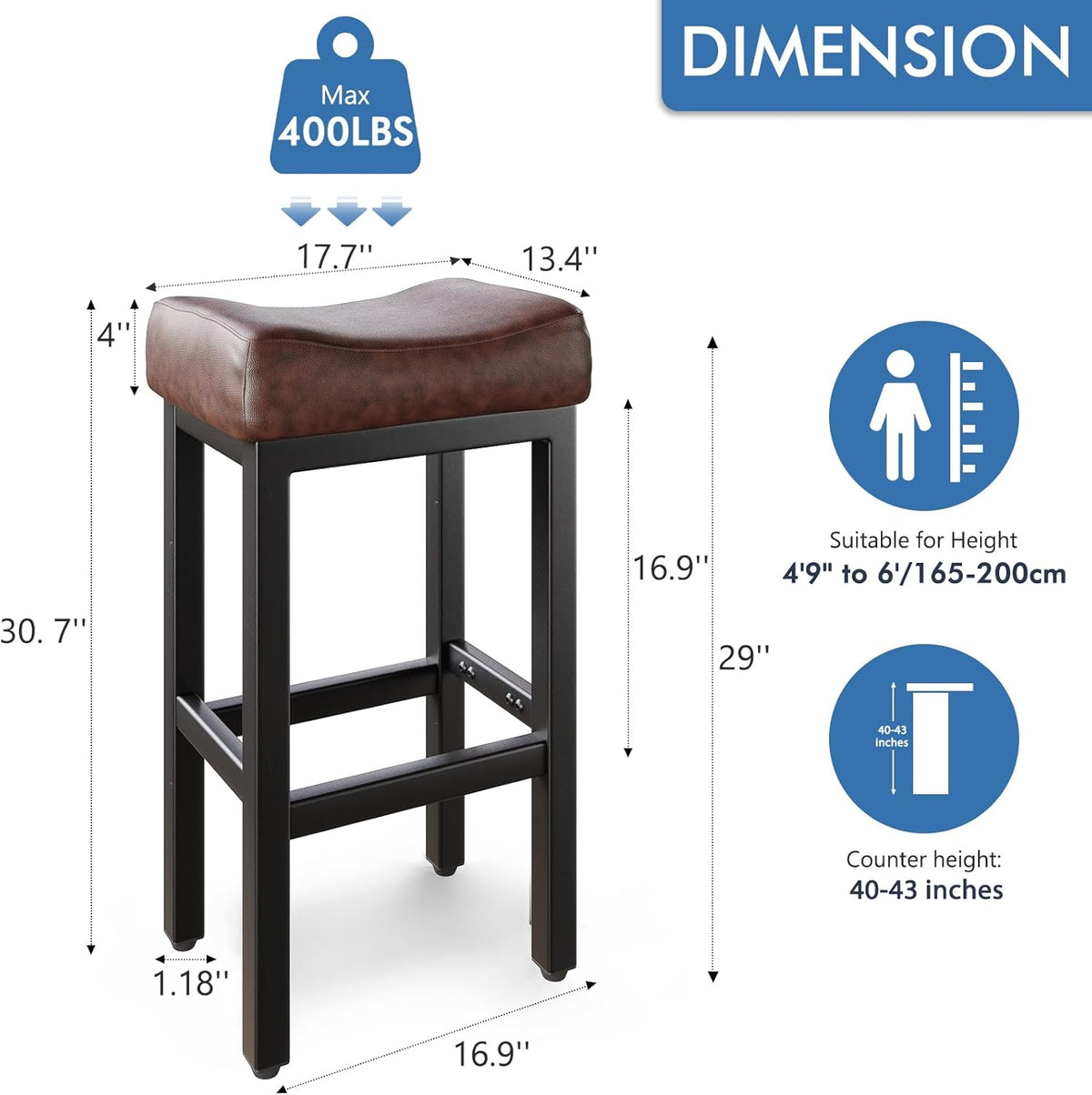 29 Inche Bonded Leather Counter Height Bar Stools Set of 2 Square
