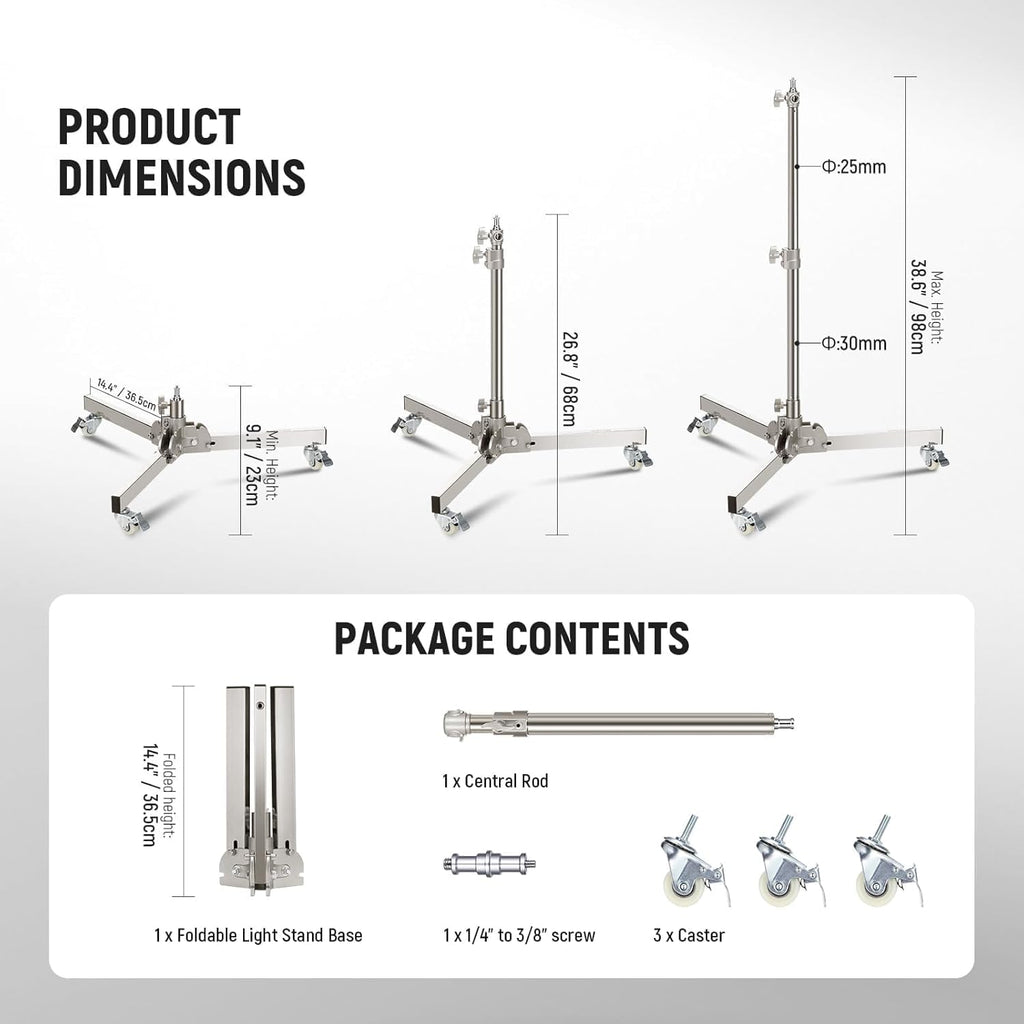 Heavy Duty Light Stand with Casters, Max Height 3.2ft/98cm, Stainless Steel Foldable Adjustable Tripod, Photography