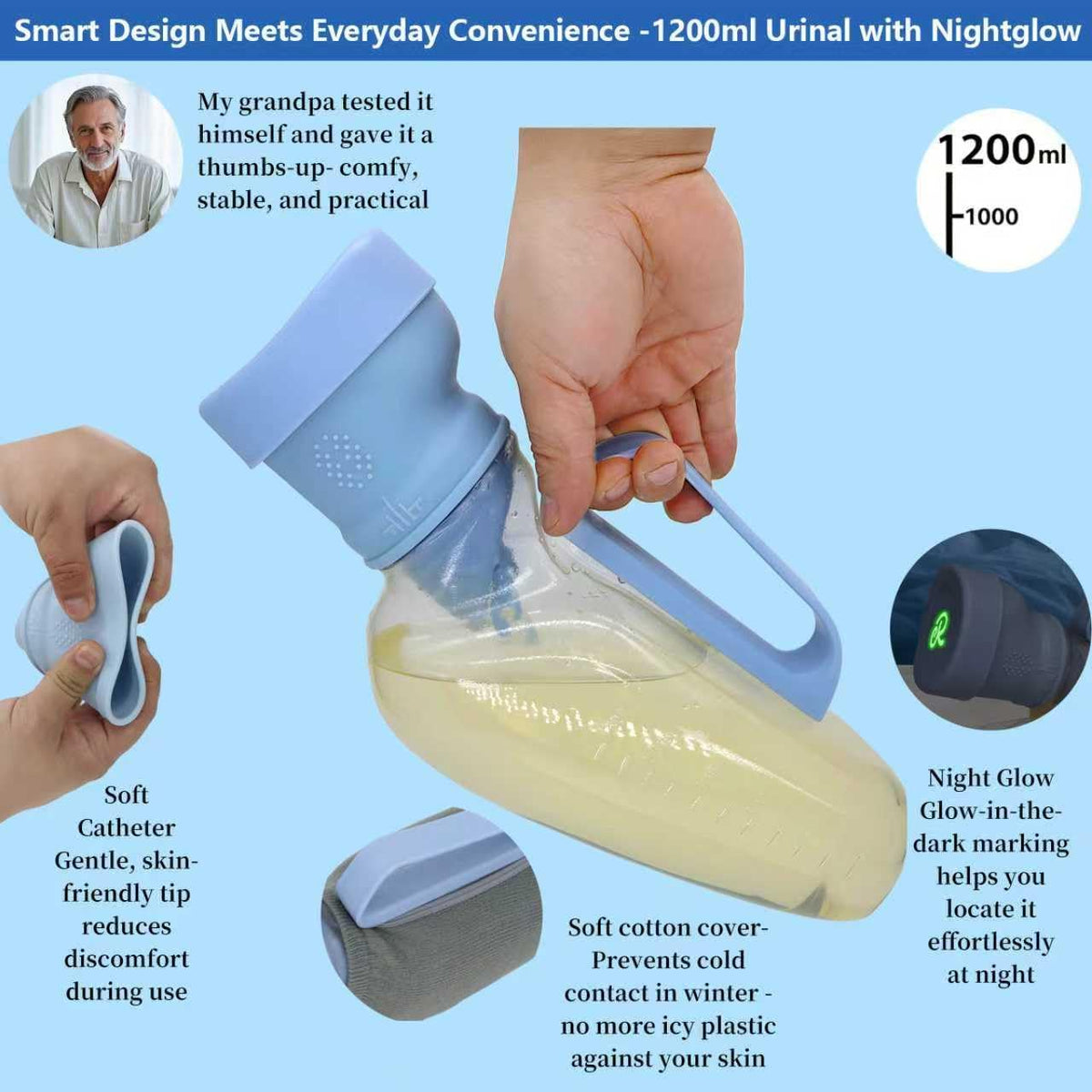 Male Urinal for Men, 40oz/1200ml Soft Silicone Spill Proof Urine Bottle
