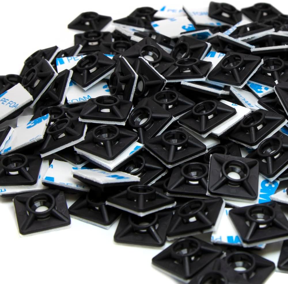 0.75 Inch Zip Tie Mounts, 3M Tape Self Adhesive, Black, 200 Pack | Cord Management, Cable Tie Anchors, Desk & Table