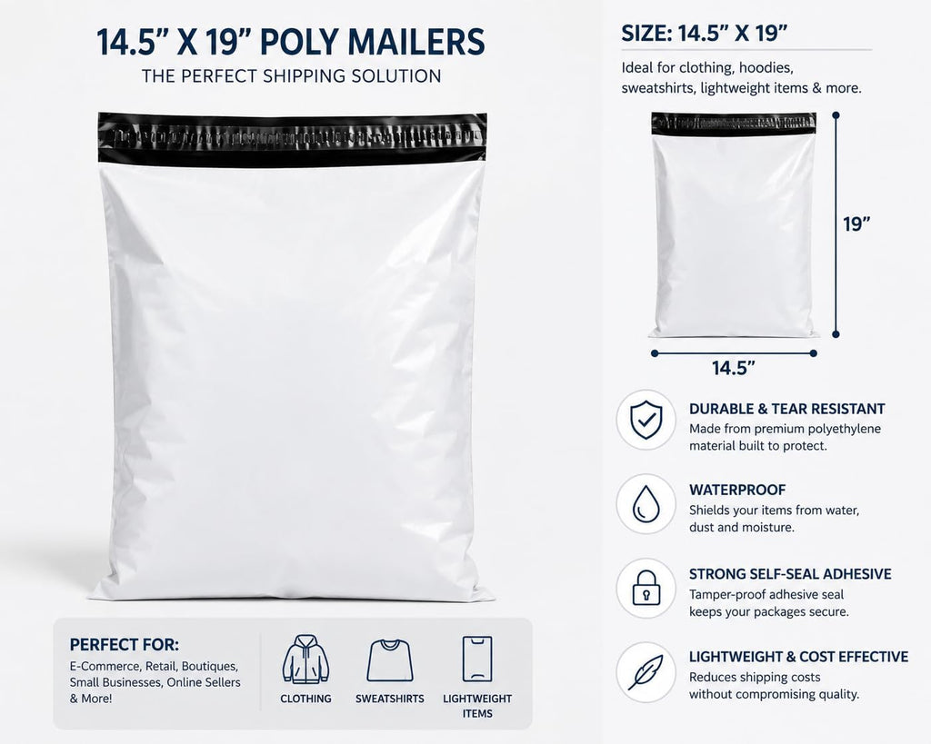 14.5” x 19” White Poly Mailers, 100 Pack, Waterproof Self-Sealing Bags
