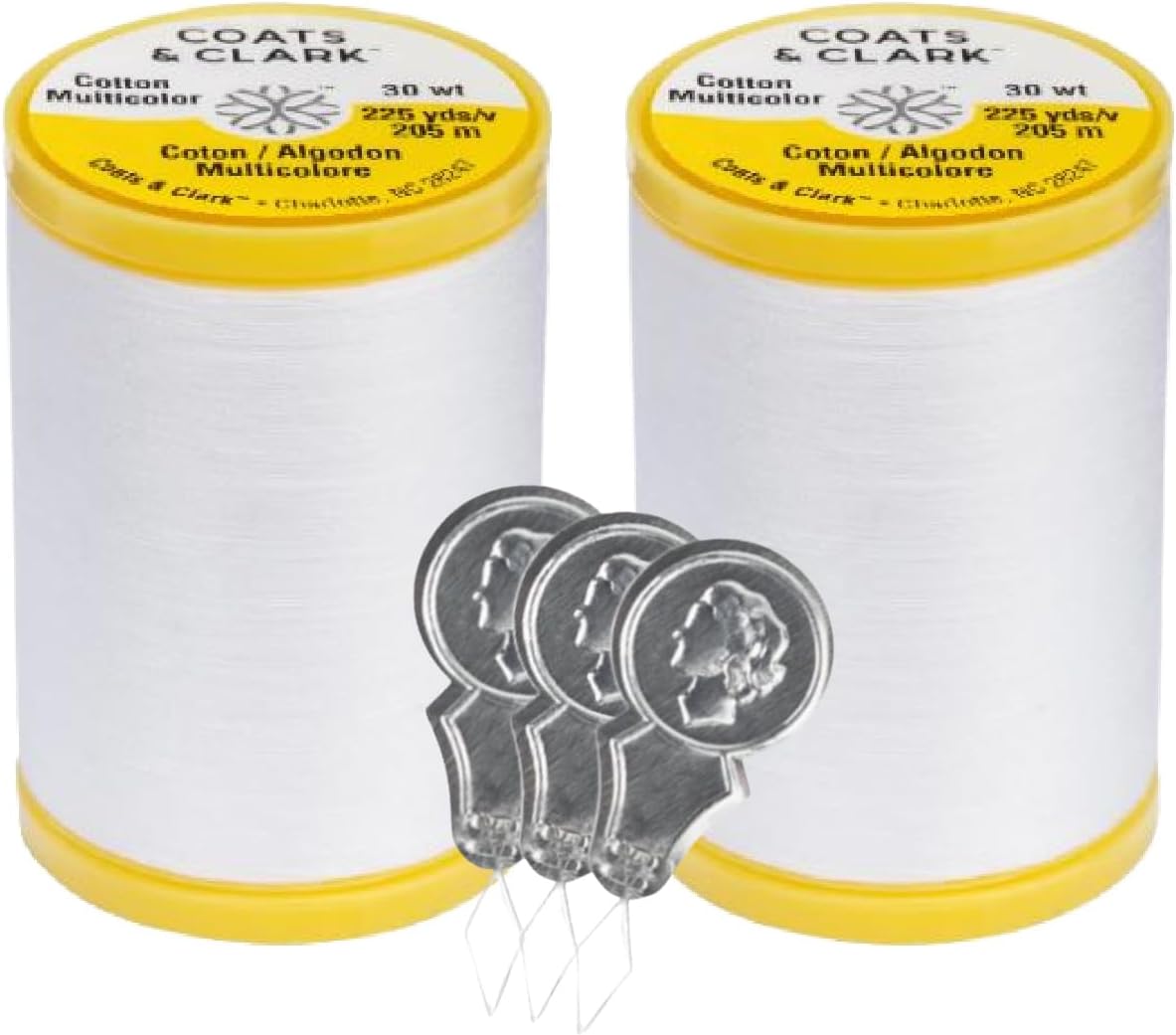 Coats & Clark Cotton All Purpose Sewing Thread 100% Mercerized Cotton 225 Yards Each Spool S970 2 Pack Bundle with 3