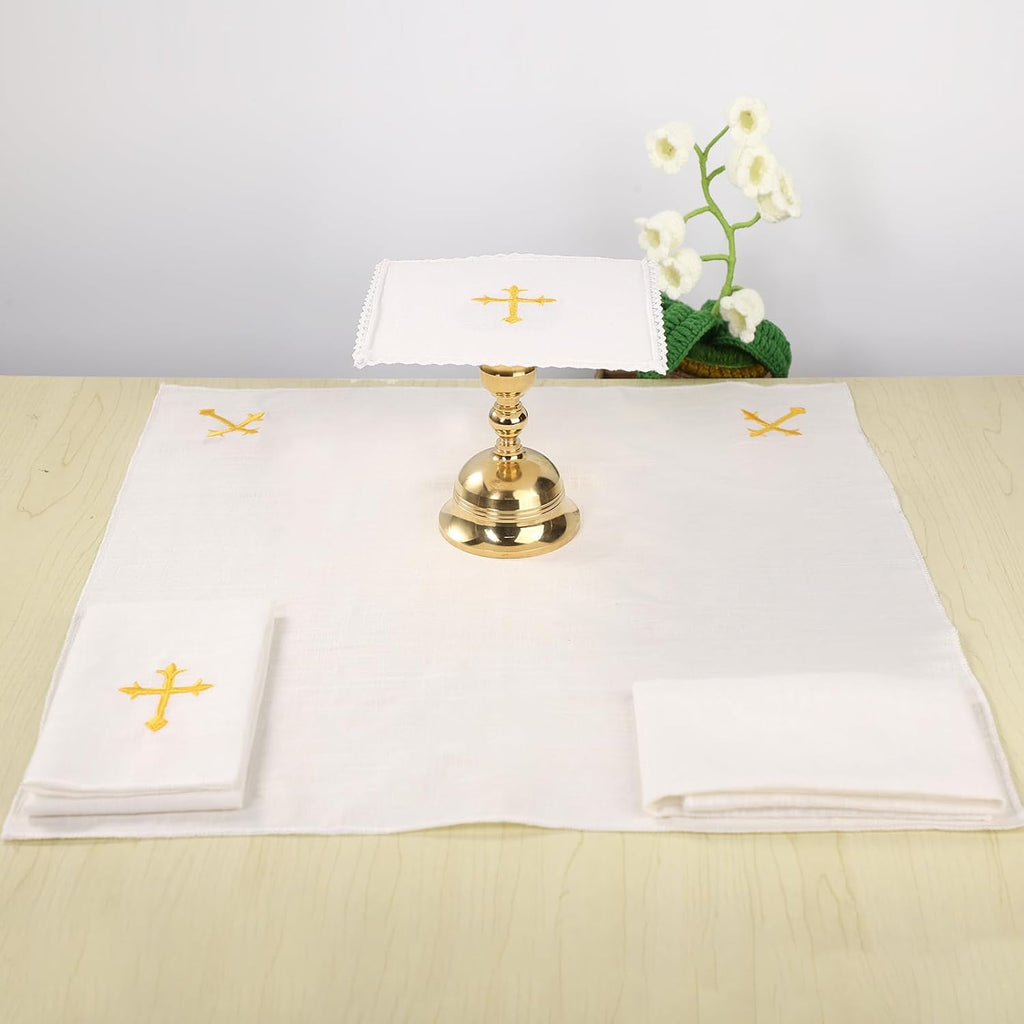 4 Pcs Altar Supplies Linen Corporal for Churches Set(Pall,Corporal,Purificator,Towel),White Linen Altar Cloth Gold