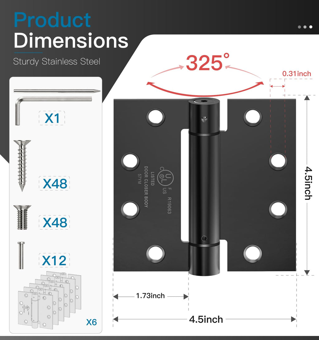 6 Pack Self Closing Door Hinges, 4.5" x 4.5" Spring Loaded Hinges