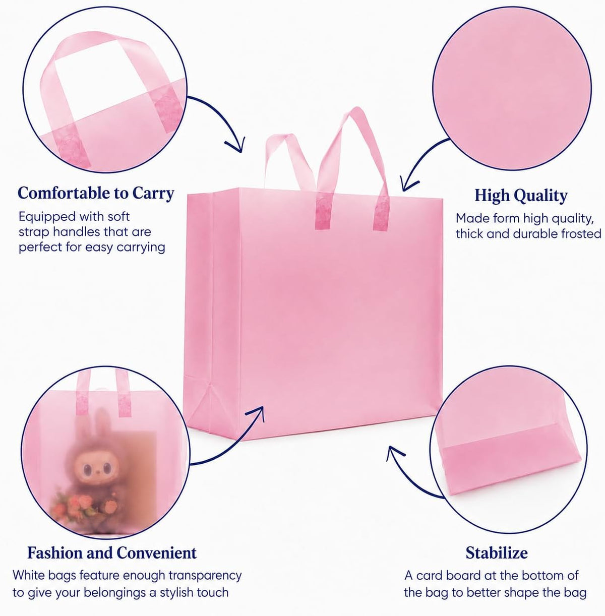Pink Plastic Gift Bags, Frosted, 16x6x12, 50 Pack