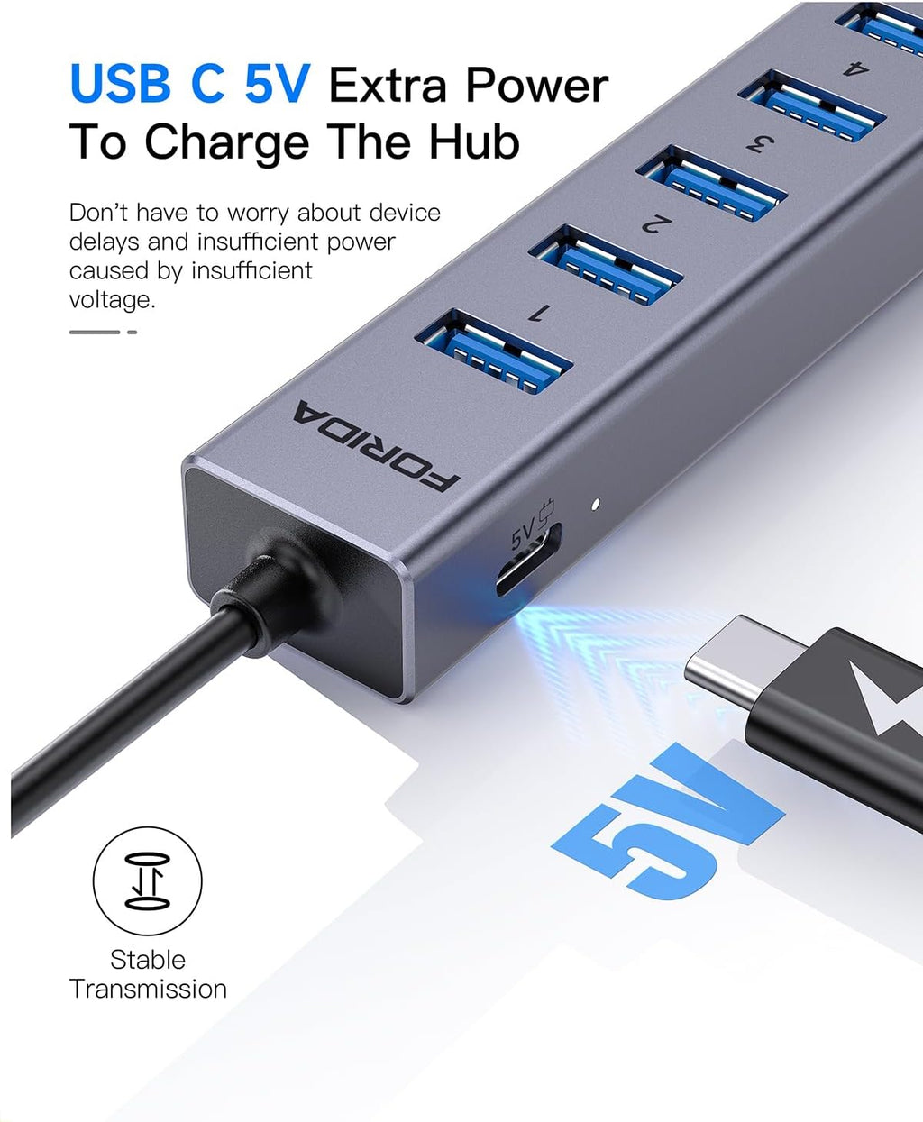 Aluminum USB to Ethernet Adapter with 7-Port USB Hub – 3.9ft Long Cable, Gigabit Ethernet Port, 5V/3A Power Port |
