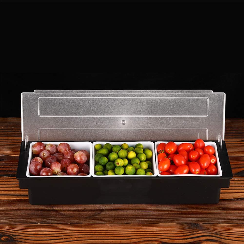 Fruit Veggie Condiment Caddy with Lid, 3 Compartment Plastic Dispenser Tray for Catering Dips Toppings, Serving Taco