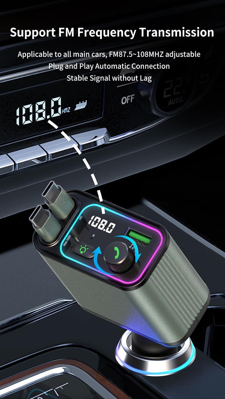 3 in 1 Retractable Car Charger Adapter & FM Transmitter Bluetooth Mp3 Player- Max 65W + 18W with 2 PD Fast Charging,2