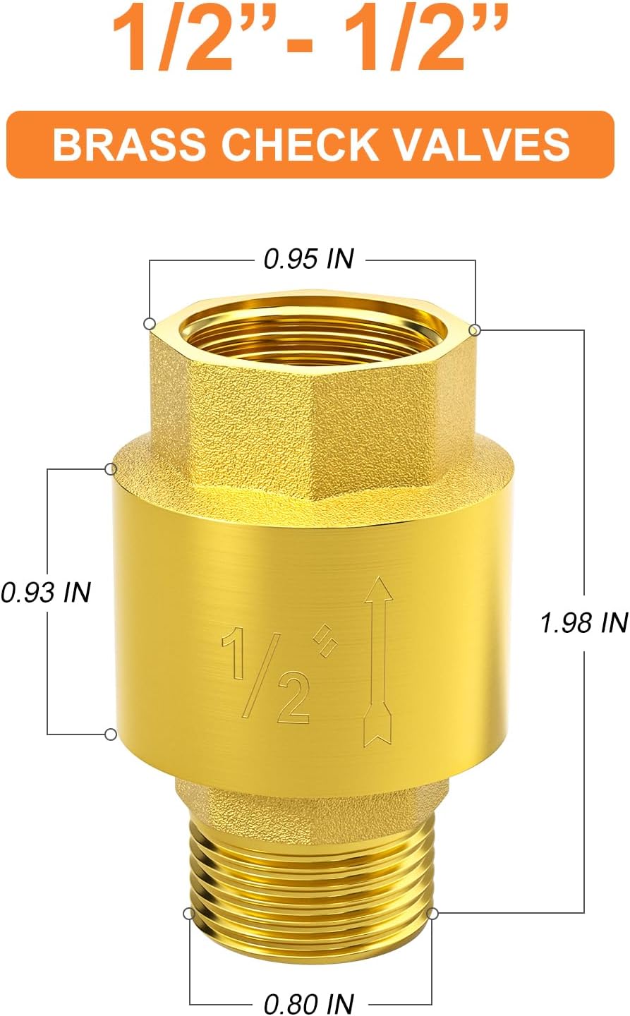 GASHER 2PCS Brass Check Valve DN15 1/2" Female and Male Thread, Backflow Prevention, One Way Check Valves