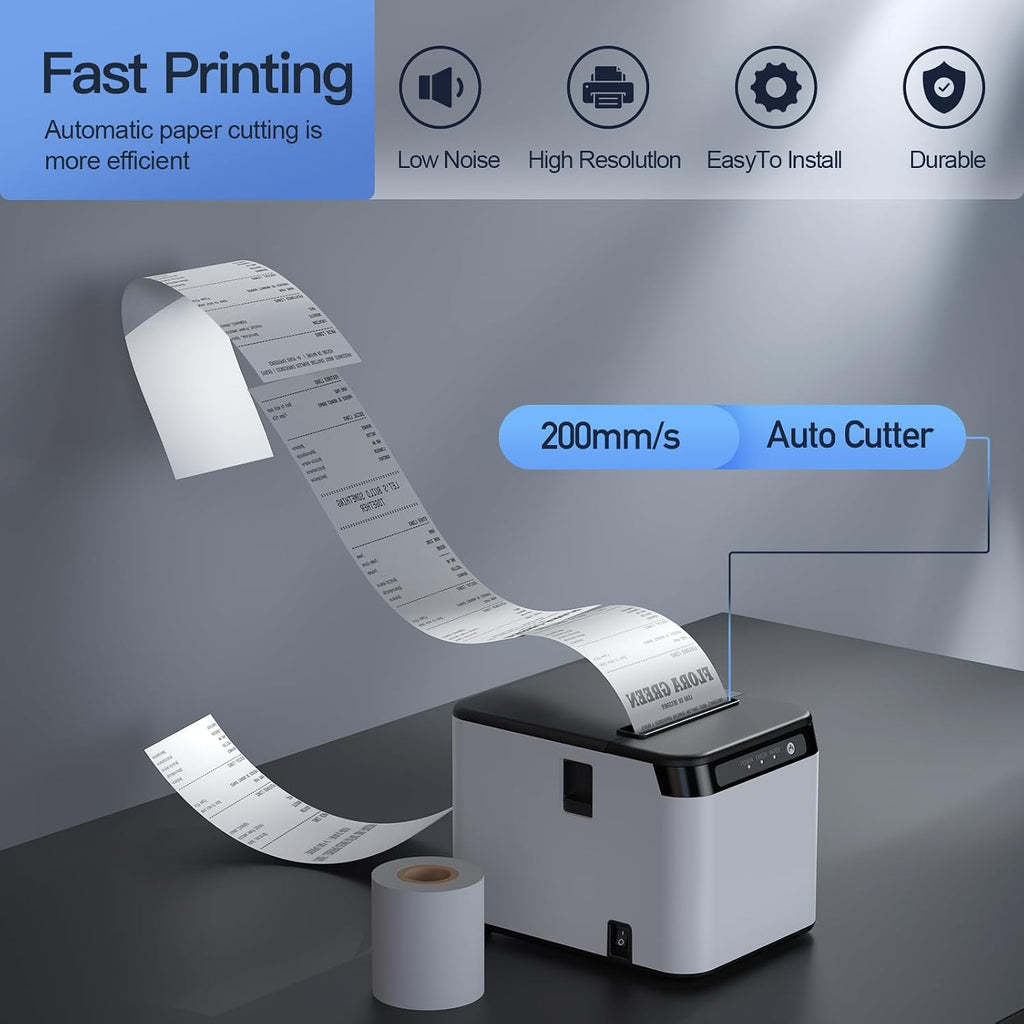 80mm Receipt Printer ESC/POS Thermal Printer Desktop Direct Print USB+LAN Connection High Efficiency with Auto Cutter