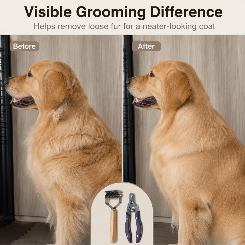 Pet Dematting Rake and Nail Clippers Set - Professional 2-in-1 Undercoat Deshedding Tool with Solid Wooden Handle &