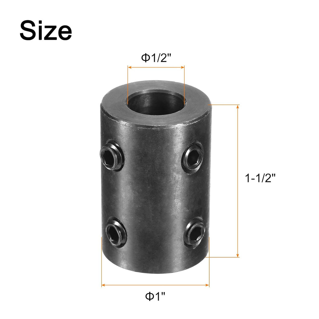 uxcell Shaft Coupling 1/2" Bore, 1" OD, 1-1/2" Length, Black Oxide Plated Steel Rigid Coupling, Motor Wheel Coupler, (4 Set Screws)