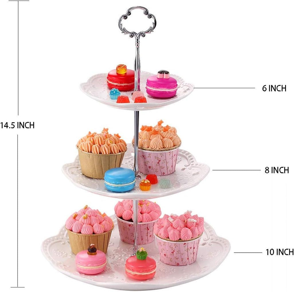 3-Tier Porcelain Cupcake Stand Serving Tray - White Embossed Elegant Dessert Cake Stand - Pastry Serving Stand for