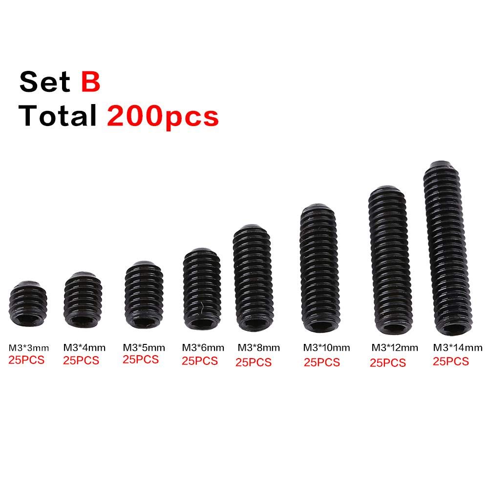 Fdit 200pcs M3 Black Carbon Steel Socket Cup Point Grub Set Screw Assortment