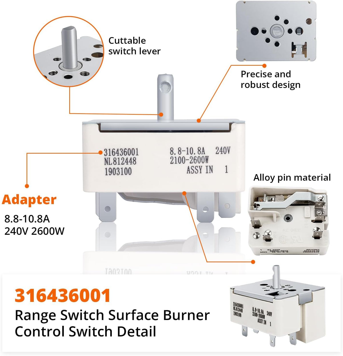 316436001 Range Burner Control Surface Element Switch Fit for Frigidaire