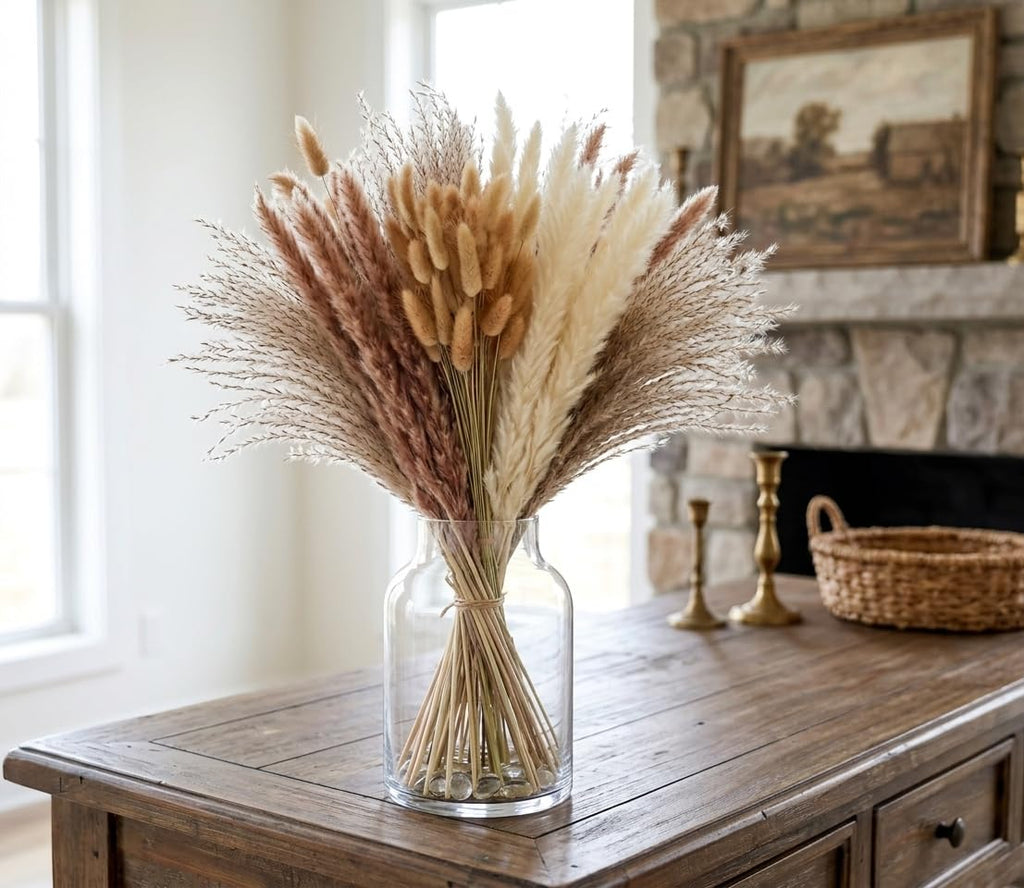 115 Stems Dried Pampas Grass, Natural Boho Table Decor Length 17"