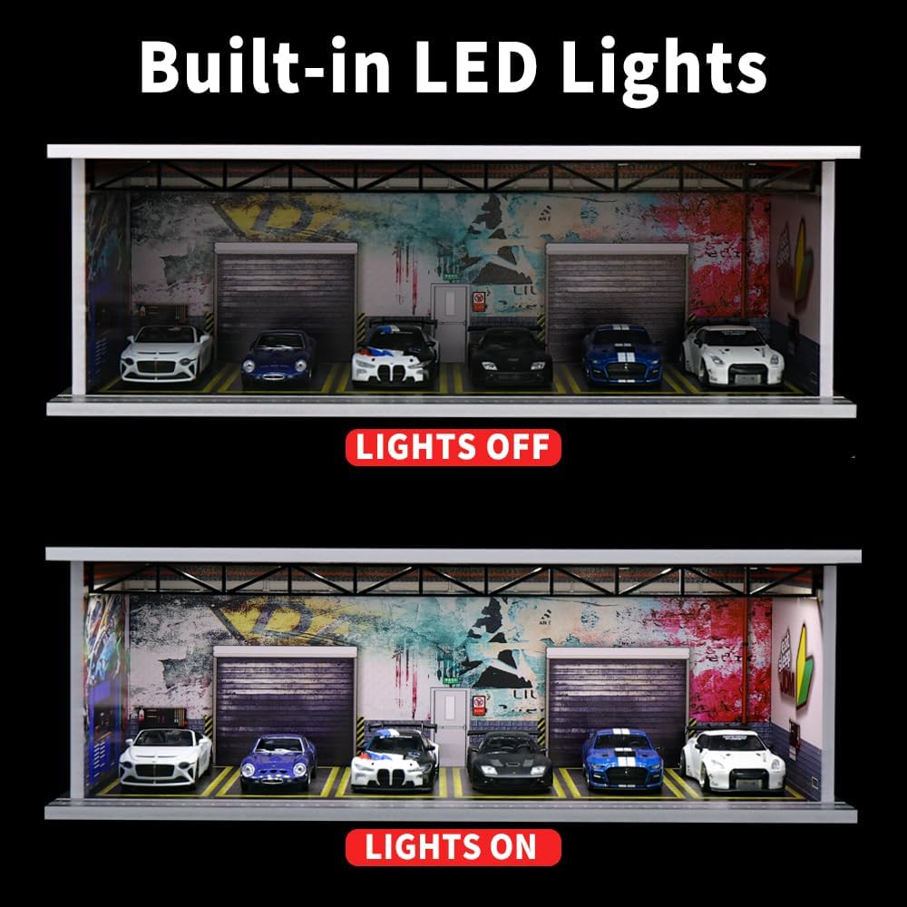 1/64 Scale Diorama Garage Display Case for Die-Cast Model Cars | Acrylic Cover, Storage with 6-Space Scene Parking