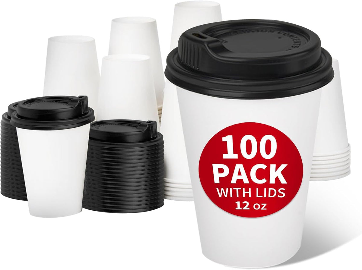 Disposable Paper Coffee Cups with Lids, 12 oz, 100 Pack